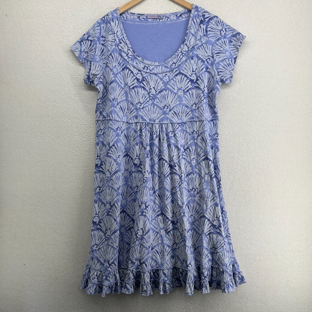 FRESH PRODUCE Dress XL Seashell All Over Print A-Line Tiered Scoop Neck Blue USA